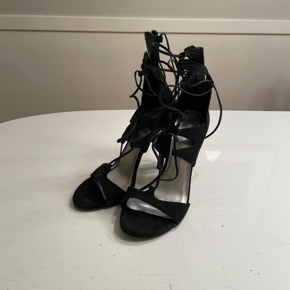 Stuart Weitzman black leather wrap suede strappy sandals - 4.5 inch heels - Picture 12 of 14